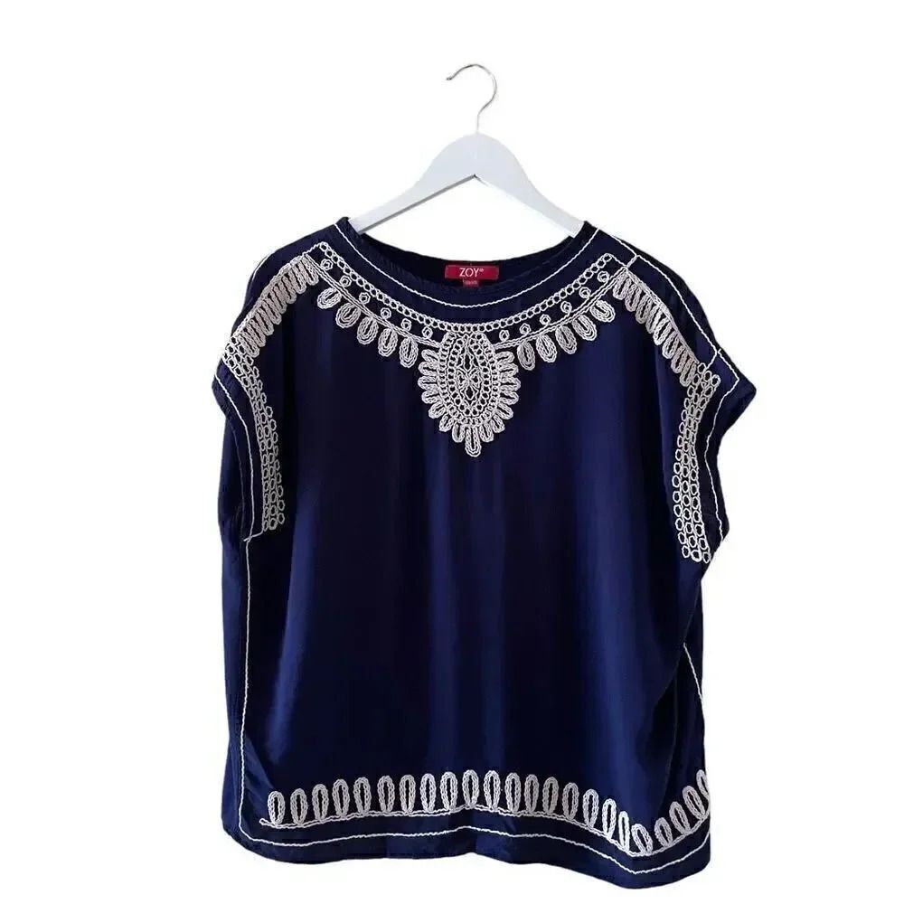 ZOY  Women’s Navy Embroiderer Crewneck Short Sleeves Blouse SZ XXL #1072